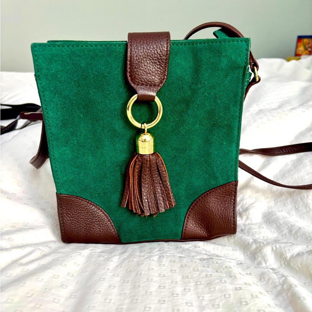 Green suede and brown leather handbag